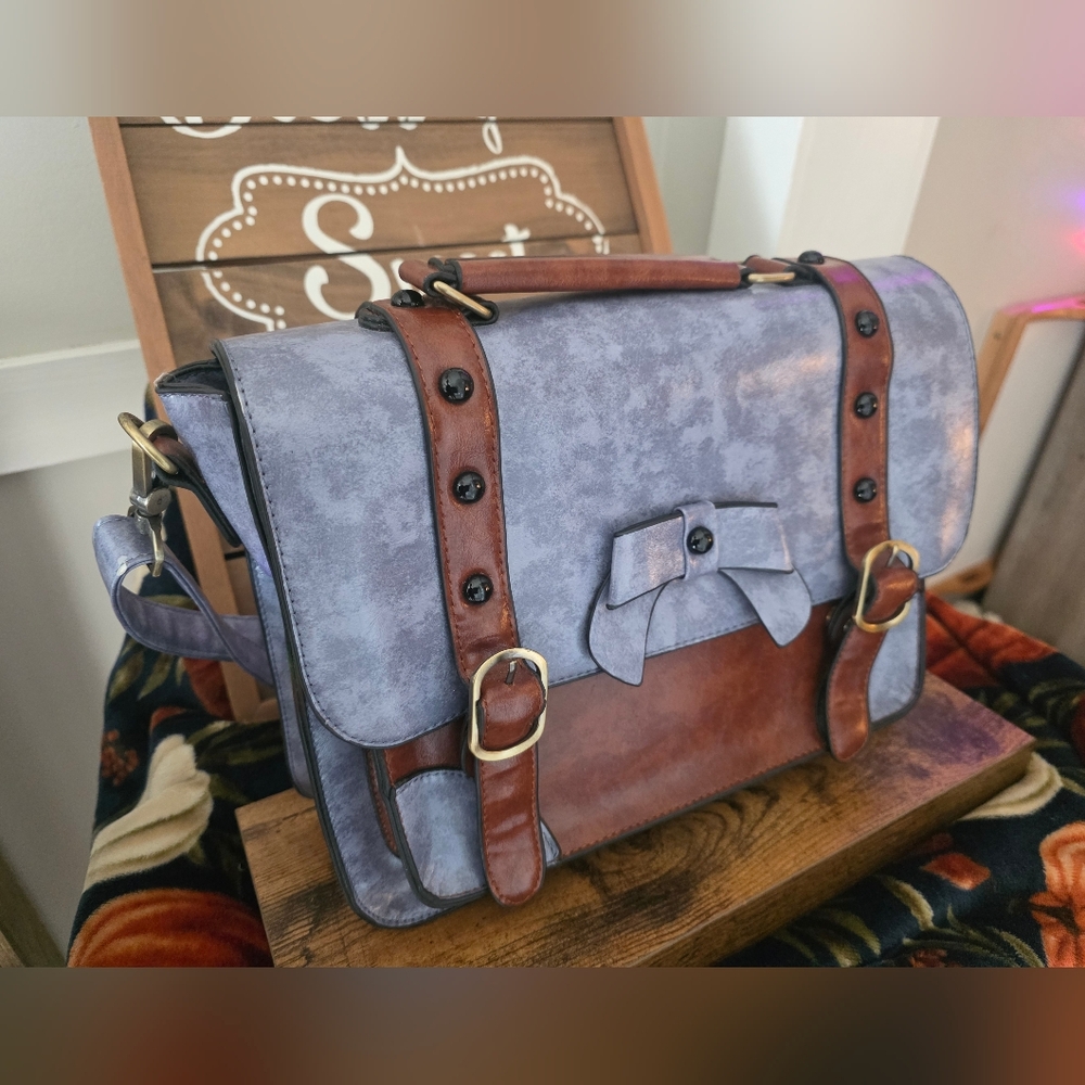 Ecosusi Vegan Leather Messenger Bag / Briefcase / Satchel –Brown & Lavender-Blue